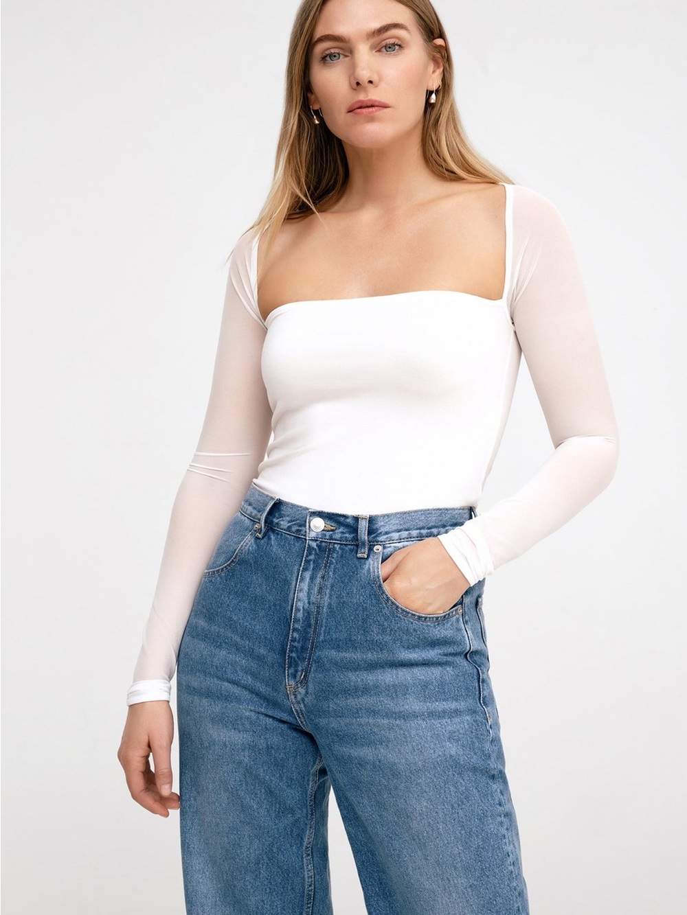Marcella NYC Square Neck Sheer Long Sleeve in White NWT SIZE M